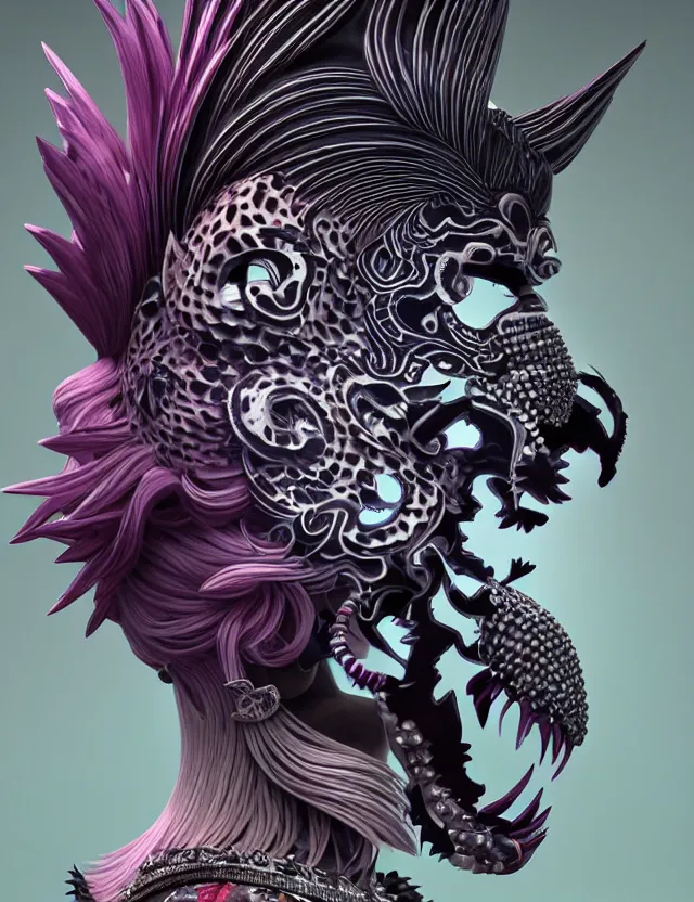 Image similar to 3 d goddess close - up profile simple portrait punk with mohawk with tiger skull. beautiful intricately detailed japanese crow kitsune mask and clasical japanese kimono. betta fish, jellyfish phoenix, bio luminescent, plasma, ice, water, wind, creature, artwork by tooth wu and wlop and beeple and greg rutkowski