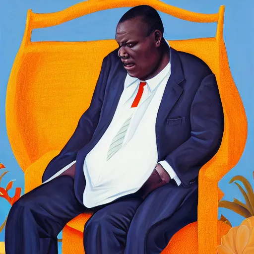 Prompt: a painting of a round face, XXL Loving, caring, generous, ever-present, humble, wise elder from Kenya in a suit by Kehinde Wiley . Fatherly/daddy, focused, loving, leader, relaxed,. ethereal lights, details, smooth, sharp focus, illustration, realistic, cinematic, artstation, award winning, rgb , unreal engine, octane render, cinematic light, macro, depth of field, blur, red light and clouds from the back, highly detailed epic cinematic concept art CG render made in Maya, Blender and Photoshop, octane render, excellent composition, dynamic dramatic cinematic lighting, aesthetic, very inspirational, arthouse.