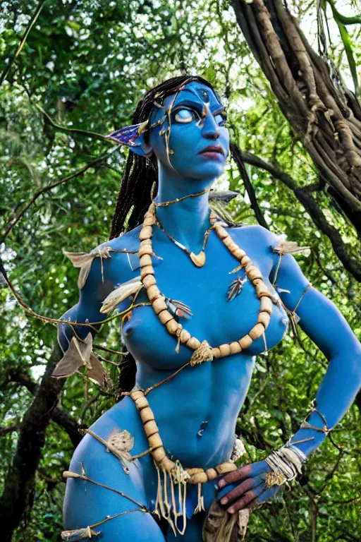 Prompt: a blue - skinned female navi from avatar wearing an elaborate outfit made out of shells wrapped in barbed wire suspended in the air between two trees, cosplay, body paint, high resolution film still, hdr color, movie by james cameron, clean composition, highly symmetric body parts