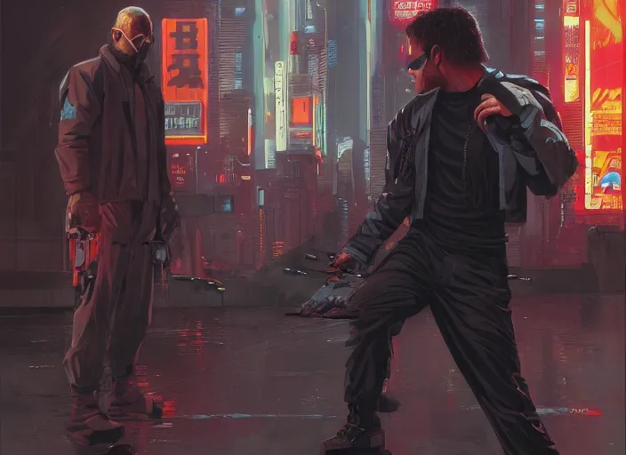 Image similar to cyberpunk jujitsu match ( blade runner 2 0 4 9, dystopian, cyberpunk 2 0 7 7 character design ). portrait by james gurney and laurie greasley, oil on canvas. cinematic, hyper realism, realistic proportions, anatomy, dramatic lighting, high detail 4 k