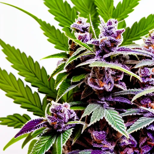 Prompt: photo of single indoor marijuana plant with dense purple frosty nugs, closeup, 4 k, cinematic