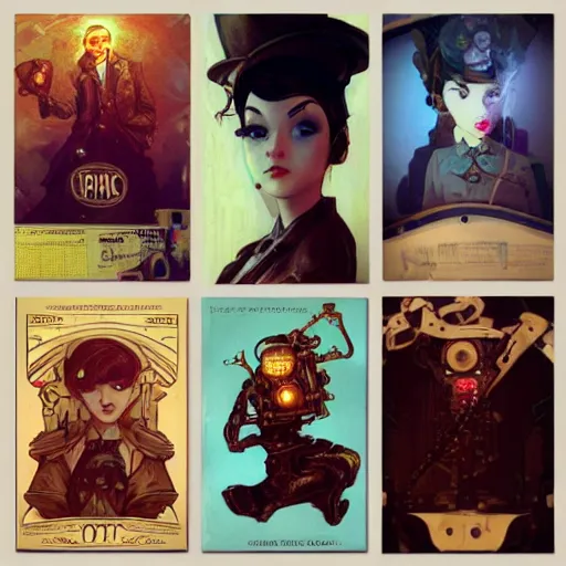 Image similar to lofi bioshock steampunk portrait, Pixar style, art by Artgerm and Greg Rutkowski and Alphonse Mucha.