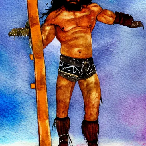 Image similar to randy savage with a ladder posing in desolate wasteland | fantasy watercolour painting | middle earth | conan | barbarian