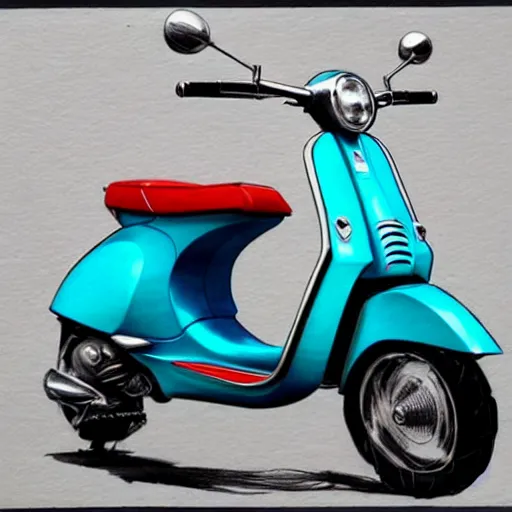 Prompt: a turquoise vespa moped, ultra realistic, concept art, intricate details, detailed, photorealistic, pencil and watercolor, art by artgerm and greg rutkowski