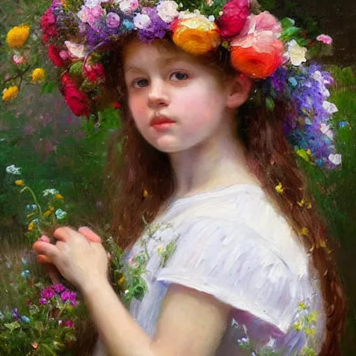 Image similar to a girl wearing a garland of flowers standing in the garden, beautiful, oil painting, artstation, soft light, highly detailed, sharp focus, colourful flowers, by sophie anderson