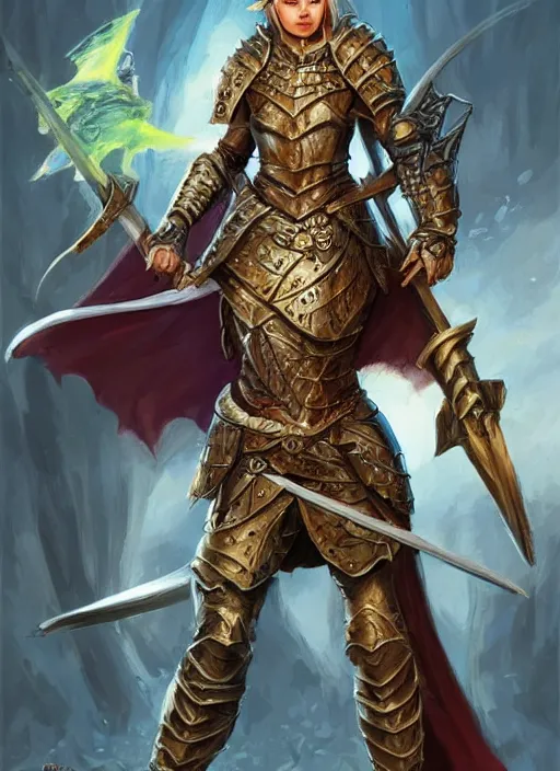 Image similar to female knight, ultra detailed fantasy, dndbeyond, bright, colourful, realistic, dnd character portrait, full body, pathfinder, pinterest, art by ralph horsley, dnd, rpg, lotr game design fanart by concept art, behance hd, artstation, deviantart, hdr render in unreal engine 5