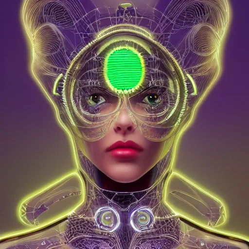 Image similar to beautifull woman integrating with technology, full face, detailed intricate ornate cables connected to head, big open electric eyes, luxurious detailed abundent wiring and implants, sci-fi, neon, emeralds, detailed technology full background, highly detailed, Rene Lalique and Eddie Mendoza