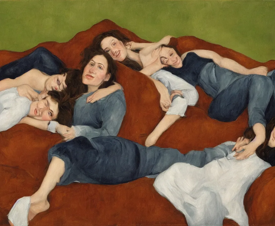 Image similar to portrait of bella and esther lying horizontal cuddling, in an old english apartment on a brown leather sofa. one is wearing a dark blue sweather, the other a white shirt. brown hair, they are looking into the camera. close up. in the style of lucien freud. oil painting. green mood. smiling