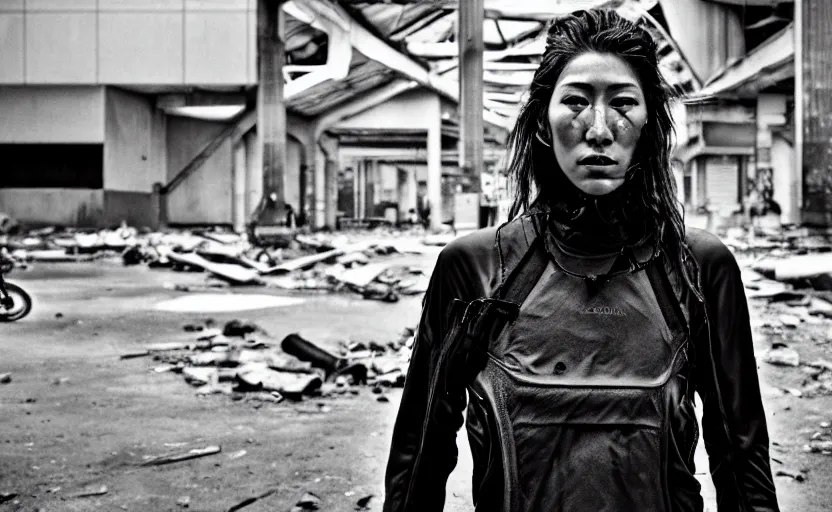 Prompt: cinestill 5 0 d candid photographic portrait by stanley kubrick of dichen lachman as a cyborg wearing rugged black mesh techwear on a dirtbike through an abandoned mall, extreme closeup, modern cyberpunk moody emotional cinematic, snow storm god rays, 8 k, hd, high resolution, 3 5 mm, f / 3 2, ultra realistic faces, ex machina