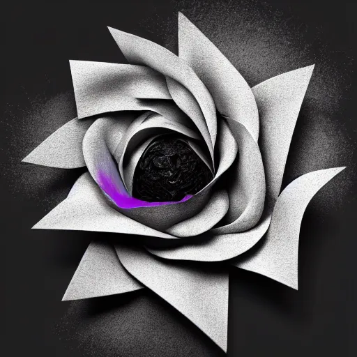 Prompt: a small singular beautiful flower blooming, low poly art, black and white with purple highlights, liquified, glitch art, decayed, 3 d object, digital art, dark atmosphere, fantasy, trending on behance, by alberto seveso, by david mcleod, octane render, unreal engine