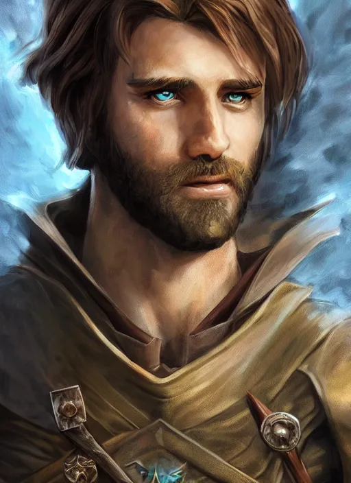 Prompt: A fantasy comic book style portrait painting of an arrogant half elf ranger, shaggy brown hair, scruffy beard, scar on face, blue tunic, unreal 5, DAZ, hyperrealistic, octane render, cosplay, RPG portrait, dynamic lighting