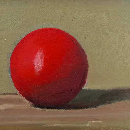 Image similar to a red ball on a wood surface, oil painting