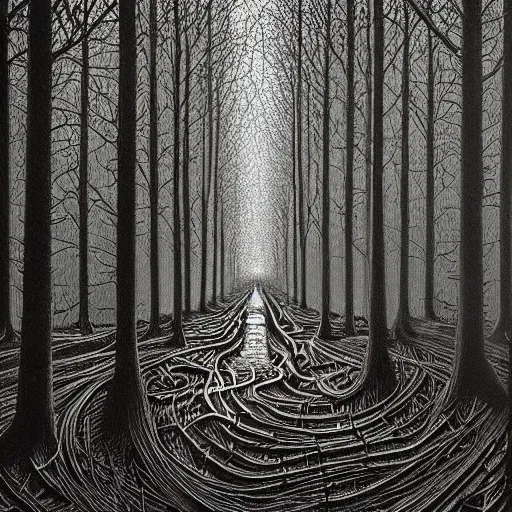 Prompt: the dark tunnels of the woods. Highly Detailed. Masterpiece. By Jeffrey Smith