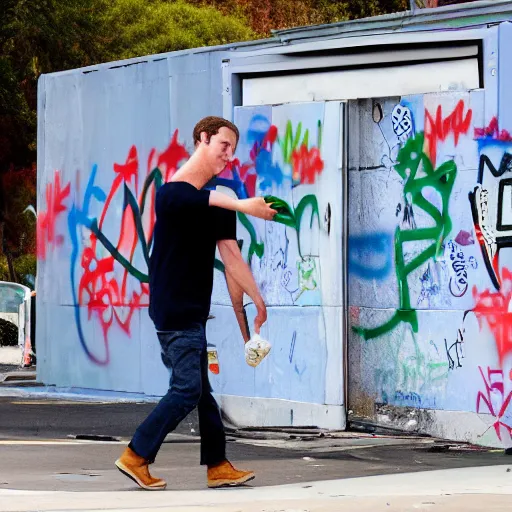 Prompt: mark zuckerburg huffing paint behind graffiti dumpster