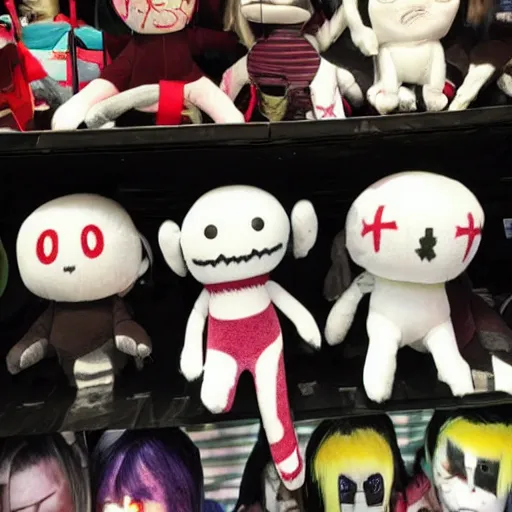 Prompt: haunting plushies being sold at an amusement park, devilish, nightmare fuel, scary, cursed, evil, dark