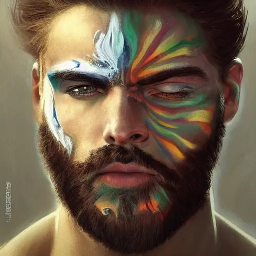 Prompt: Beautiful face Portrait of very manly Gigachad with very big jaws, big eyebrows, colorful face painting on grey scale face, powerful , magic, thunders, dramatic lighting, intricate, wild, highly detailed, digital painting, artstation, concept art, smooth, sharp focus, illustration, art by artgerm and greg rutkowski and alphonse mucha, footage from space camera