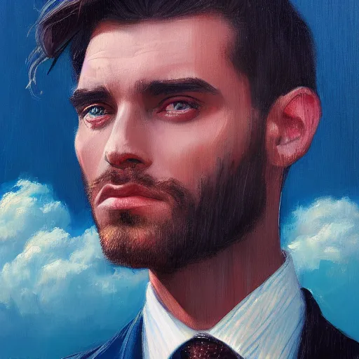 Prompt: epic portrait of beautiful male face supermodel portrait in dark blue suit with colorful tie by amy leibowitz, wlop, jeremy lipkin, beeple, intricate, artgerm, ilya kuvshinov, stormy clouds background
