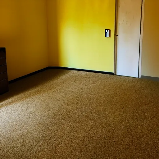 Image similar to low quality photo of the backrooms, mono - yellow old moist carpet randomly connected infinite empty office space yellow colors warm light ominous yellow wallpaper 9 0 s