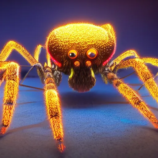 Prompt: highly detailed octane render of a giant spider with a thick carapace and a glowing neon abdomen in a cave full of crystals