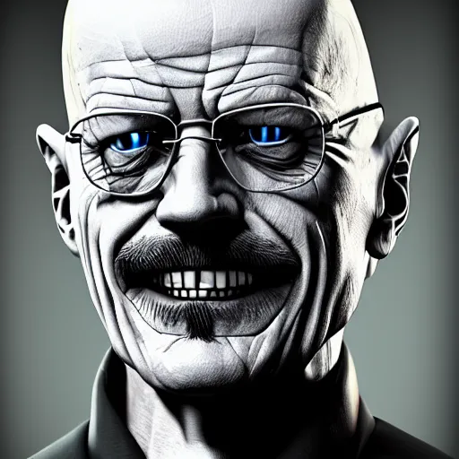 Prompt: walter white as the joker smiling, scary, trending on artstation, artstationhd, octane render, cgsociety, cinema 4 d,, greg rutkowski