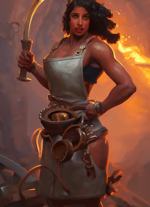 Prompt: a highly detailed illustration of naomi scott as fierce blacksmith woman wearing apron, muscular, dramatic smile pose, intricate, elegant, highly detailed, centered, digital painting, artstation, concept art, smooth, sharp focus, league of legends concept art, wlop.