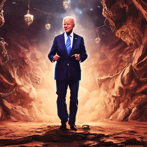 Image similar to joe biden, digital art, cosmic, 3 d high definition, trending on art station, photorealistic, high resolution, 8 k, octane, hyper detailed, insane details, intricate, elite, ornate, elegant trend, highly detailed and intricate, sharp focus, photography, unreal engine