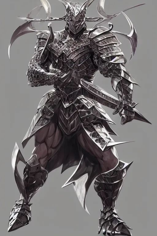 Image similar to Full body character concept art of an anime draconian warrior knight, iridescent scales, cool face, muscular, by Stanley Artgerm Lau, WLOP, Rossdraws, James Jean, Andrei Riabovitchev, Marc Simonetti, and Sakimichan, tranding on artstation