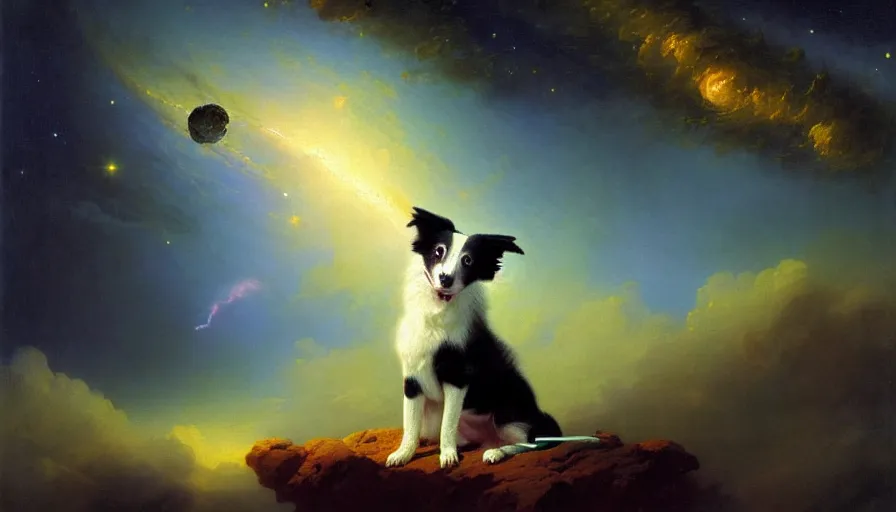 Prompt: highly detailed painting of cute baby border collie puppy astronaut cosmonaut wearing a spacesuit by ivan aivazovsky, thick brush strokes and visible paint layers, 4 k resolution, outer space nebula background