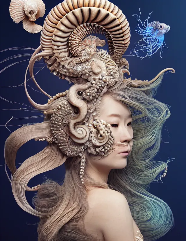 Prompt: 3 d goddess nautilus half - turn portrait with long hair with ram skull. beautiful intricately detailed japanese crow kitsune mask and clasical japanese kimono. betta fish, jellyfish phoenix, bio luminescent, plasma, ice, water, wind, creature, artwork by tooth wu and wlop and beeple and greg rutkowski