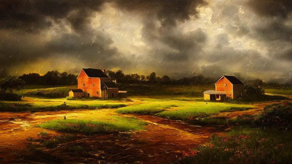 Image similar to the most beautiful landscape, oil painting, a farm, raining, at night, cinematic lighting, highly detailed, very realistic