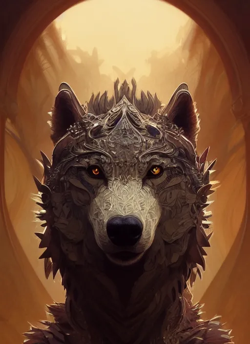 Image similar to anthropomorphic dire wolf bringer, intricate, elegant, highly detailed animal monster, digital painting, artstation, concept art, smooth, sharp focus, illustration, art by artgerm and greg rutkowski and alphonse mucha, 8 k