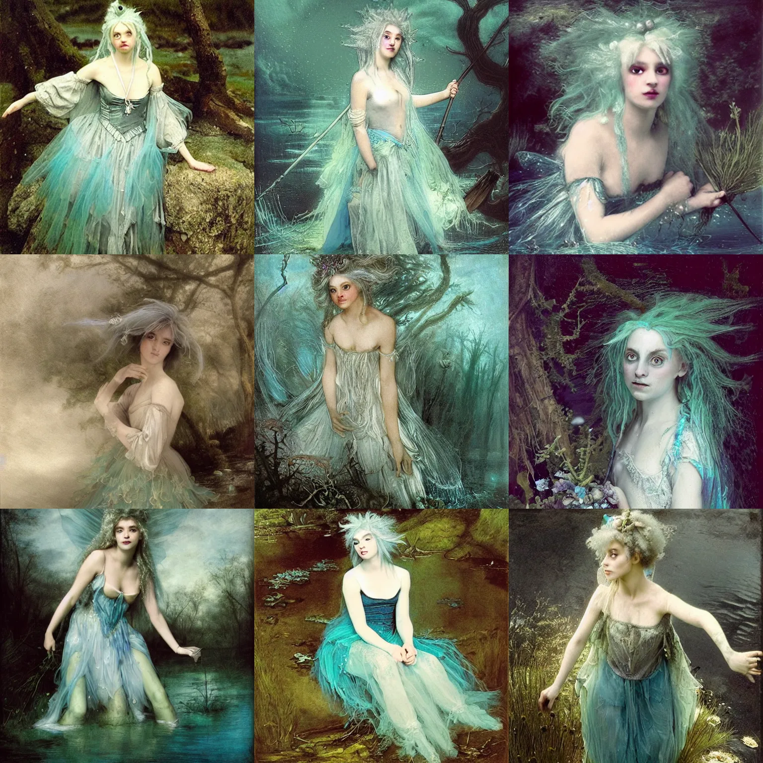 Prompt: A silver haired mad fairy princess from the 18th century, dressed in a ragged, 18th century silver wedding dress, floathing underwater in a lake, mystical, atmospheric, greenish blue tones, scarry underwater photography, concept art by Annie Stegg Gerard, Ian David Soar, John Anster Fitzgerald, and John Everett Millais