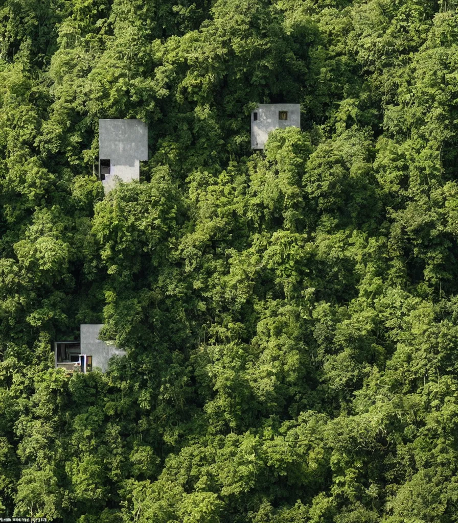 Prompt: a concrete house surrounded by rampant vine growth, in a clearing in the middle of a vine forest, dappled sunlight, 35mm photography, in the style of david chipperfield and gregory crewdson