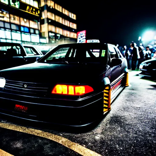 Image similar to a car JZX90 twin turbo drift at illegal car meet, Shibuya prefecture, city midnight mist lights, cinematic lighting, photorealistic, highly detailed wheels, high detail