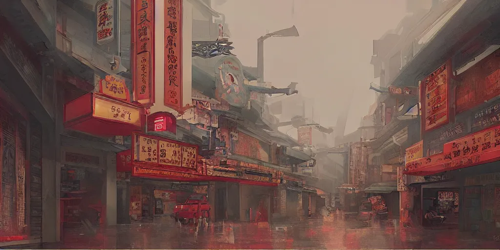 Prompt: an old cinema at a quiet petaling street in chinatown, kuala lumpur, rainy day, matte painting, studio ghibli, artstation