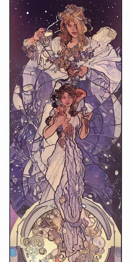 Image similar to a woman wearing outer space as a dress, pouring water from a vase into the milky way, by travis charest, by alphonse mucha, battle chasers.