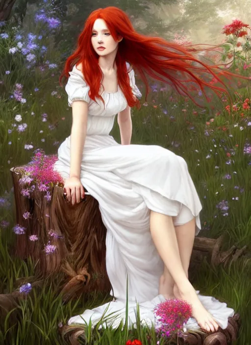 Prompt: a beautiful red haired girl in white dress sitting on wooden trunk in a garden holding a bunch of wild flowers, deep focus, d & d, fantasy, intricate, elegant, highly detailed, digital painting, artstation, concept art, matte, sharp focus, illustration, hearthstone, art by artgerm and greg rutkowski and alphonse mucha