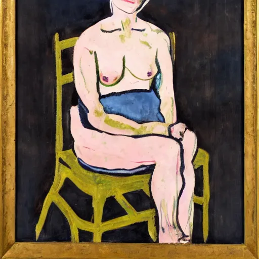 Image similar to painting of a woman sitting on a chair, staring at you, by georg baselitz