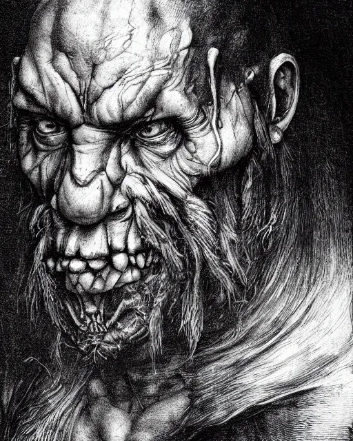 Image similar to orc, hyper realism, fine details, deviantart artstation, extremely detailed, black and white, very sharp, in the style of albrecht durer, etching,