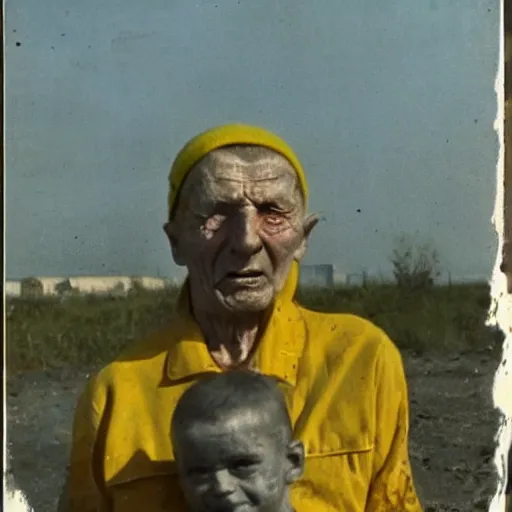 Image similar to selfie of the last surviving ukrainian with children with evil faces, wild pain and damage to the body burns alive to the bone, painted in dirty yellow - blue colors, a huge nuclear explosion is approaching in the background, a very detailed photo