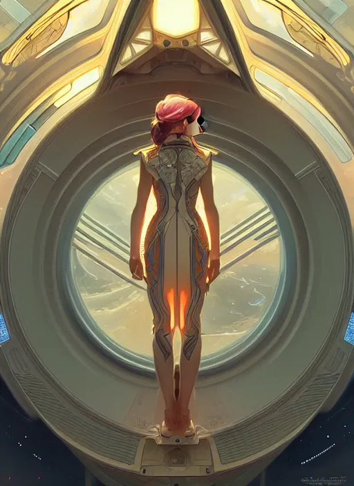 Prompt: symmetry, girl in a spaceship intricate, elegant, highly detailed, digital painting, artstation, concept art, smooth, sharp focus, illustration, art by artgerm and greg rutkowski and alphonse mucha