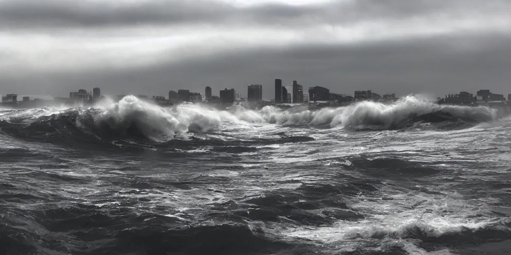 Image similar to tsunami over San Diego, Dramatic, realistic, perspective,