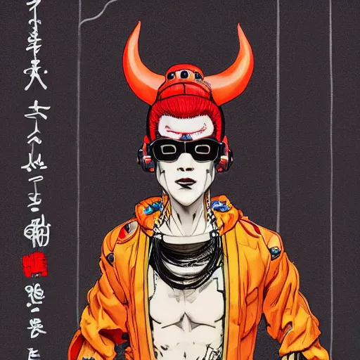 Image similar to a detailed portrait of a fashionable japanese demon wearing a cyberpunk bosozoku outfit the style of william blake and norman rockwell, kubrick, neon color scheme, crisp, artstationhd