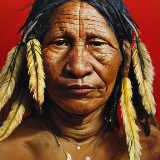 Prompt: high quality high detail painting by lucian freud, hd, full body of a indigenous tribe powerfull woman leader, photorealistic lighting