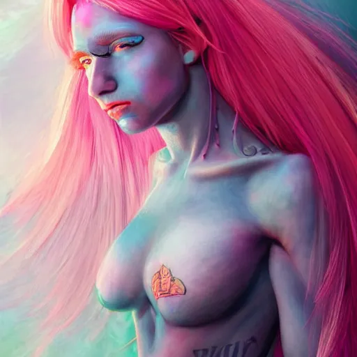 Prompt: beautiful warrior angel with pink hair, upper body, blue piercing eyes, mystery, beautiful aesthetic, by james jean, trending on artstation, 8 k, ultra realistic