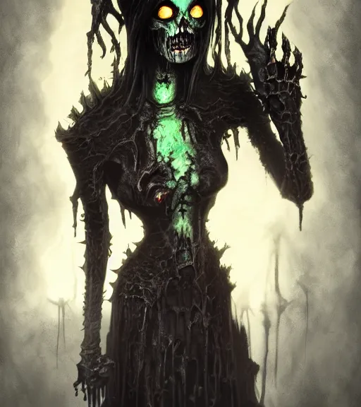 Image similar to gothic necrolord female with zombie servents, digital painting, liminal eerie midnight backlit, a picture taken by Michael Komarck and Daniel Ljunggren