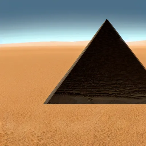 Image similar to front entrance of a pyramid with an inverted pyramid at the top in the desert partially covered by sand, highly detailed, videogame screenshot, panoramic view