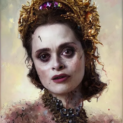 Prompt: expressive oil painting, of helena bonham carter mixed with sigourney weaver, bumpy mottled skin full of crystals, ornate headpiece made from crystals, body horror, by yoshitaka amano, by greg rutkowski, by jeremyg lipkinng, by artgerm, digital art, octane render