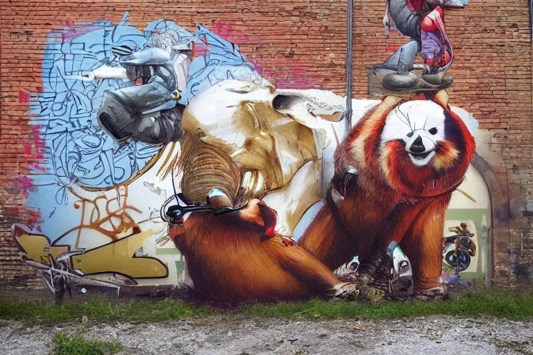 Image similar to a graffiti illustration by stom 5 0 0 and etam cru, of red pandas riding an elephant motorbike