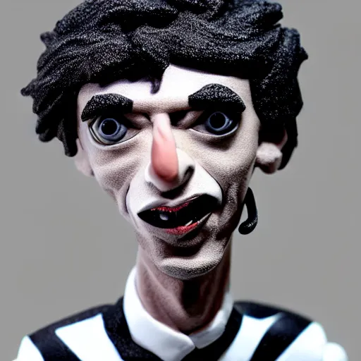 Image similar to a cartoon claymation medium close up sculpture of Playboi Carti, in the style of Tim Burton, black and white, high contrast